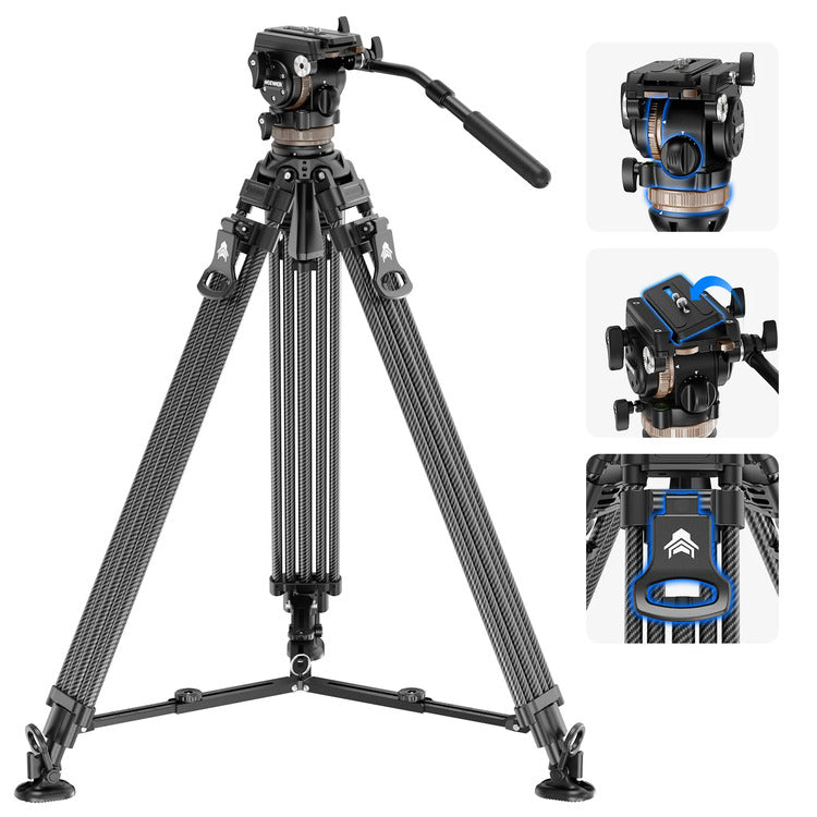 NEEWER LL55 197cm Carbon Fiber Video Tripod with Fluid Head