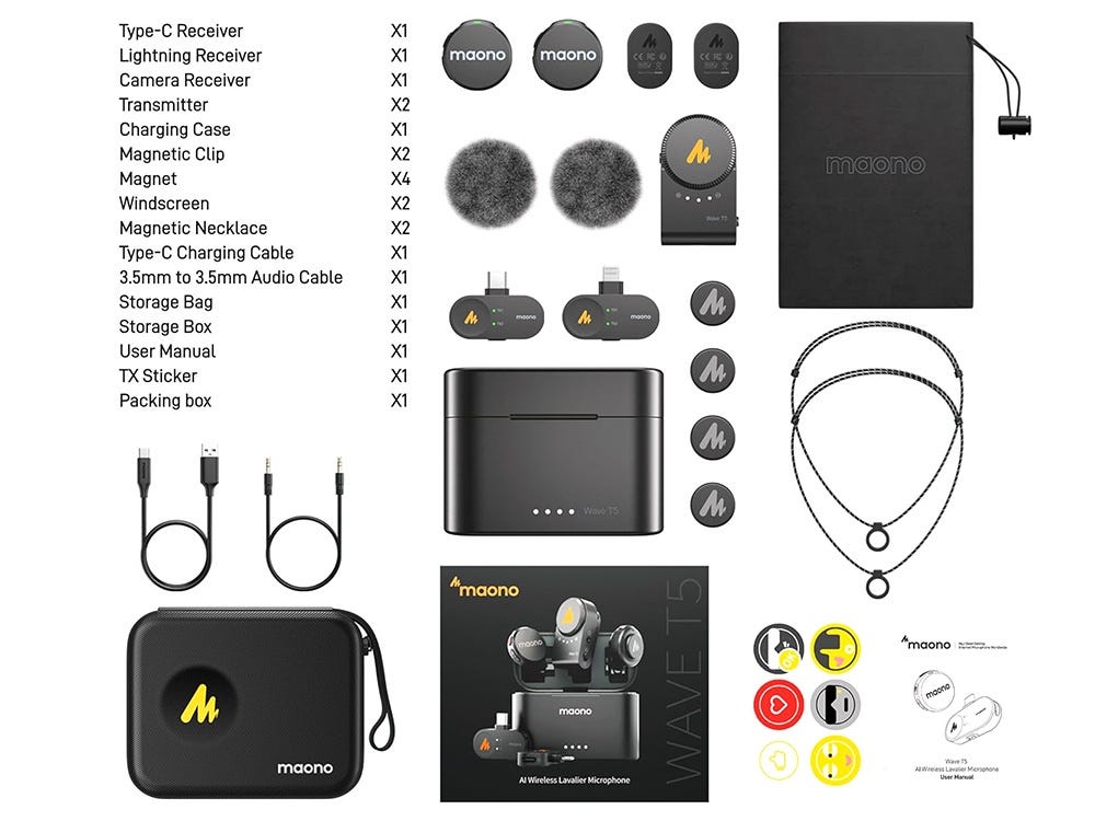 MAONO WAVE T5 Wireless Lavalier Microphone (2 MICS) (Camera
