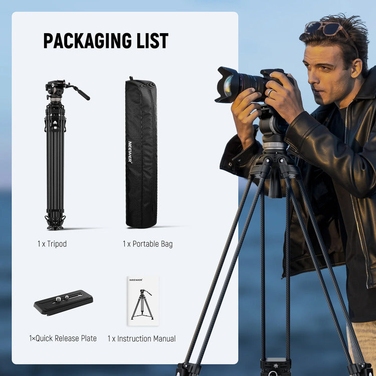 NEEWER LL55 197cm Carbon Fiber Video Tripod with Fluid Head