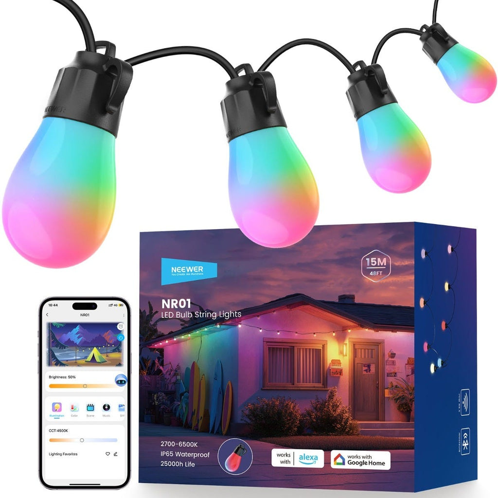 NEEWER 15m Smart RGB LED Outdoor String Lights