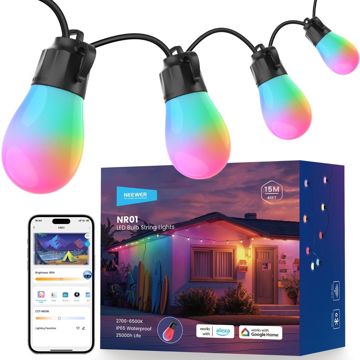 NEEWER 15m Smart RGB LED Outdoor String Lights