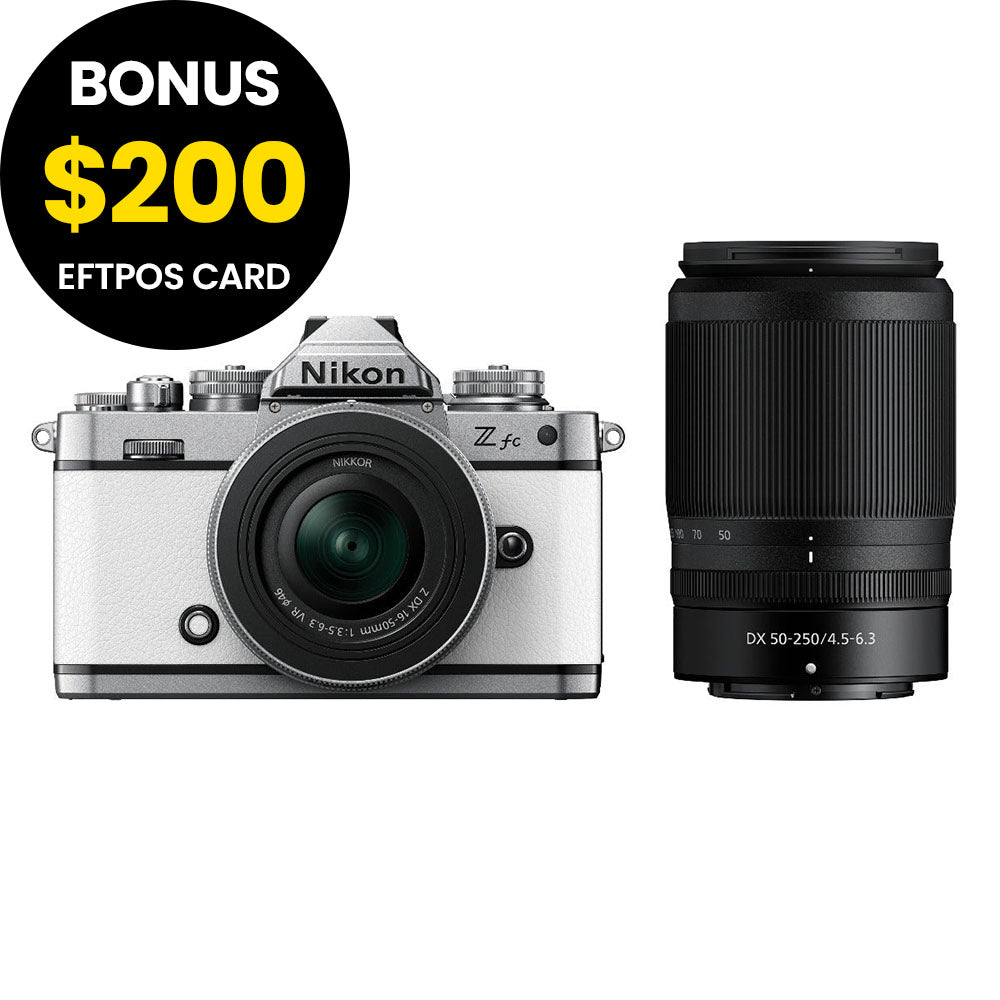 Nikon Z fc Body White with Nikkor Z 16-50mm VR and Z 50-250mm VR Lens