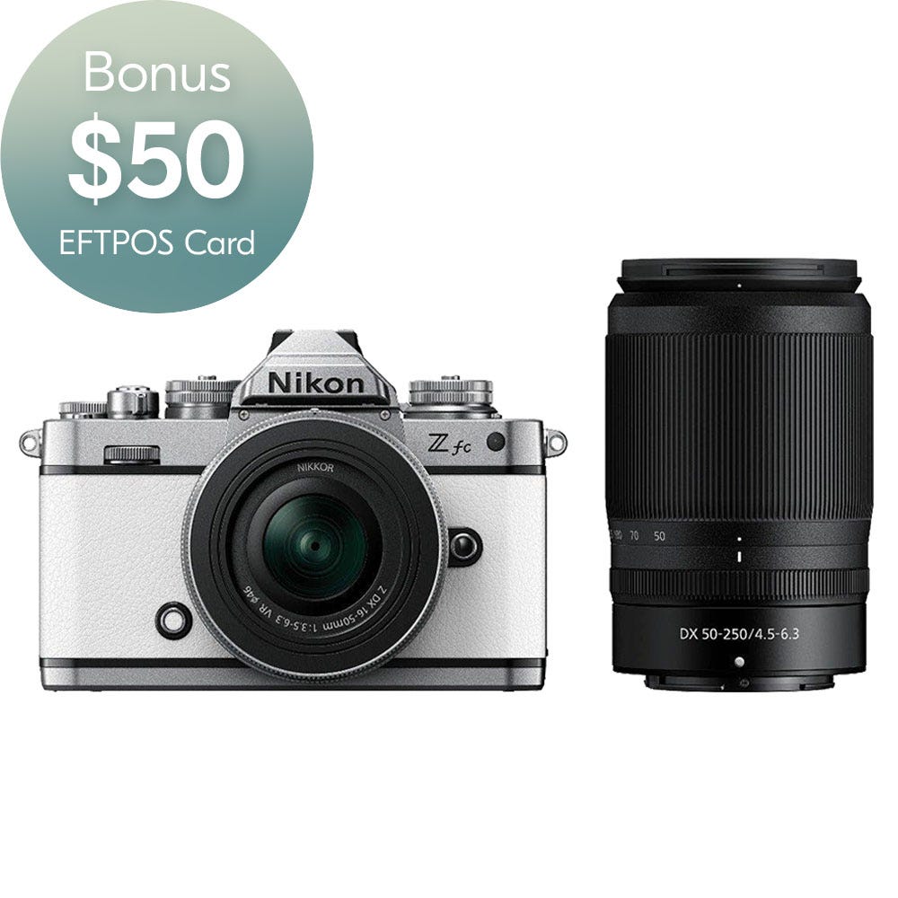Nikon Z fc Body White with Nikkor Z 16-50mm VR and Z 50-250mm VR Lens