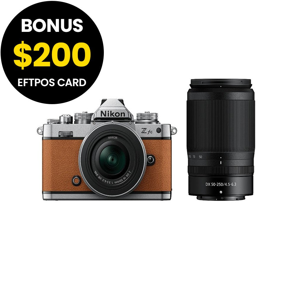 Nikon Z fc Body Amber Brown with Nikkor Z 16-50mm VR and Z 50-250mm VR Lens