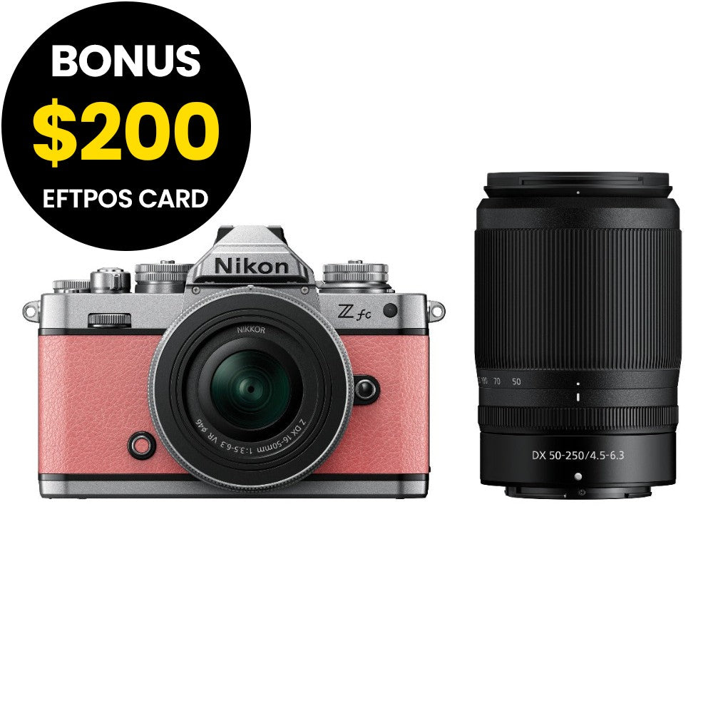 Nikon Z fc Body Coral Pink with Nikkor Z 16-50mm VR and Z 50-250mm VR Lens