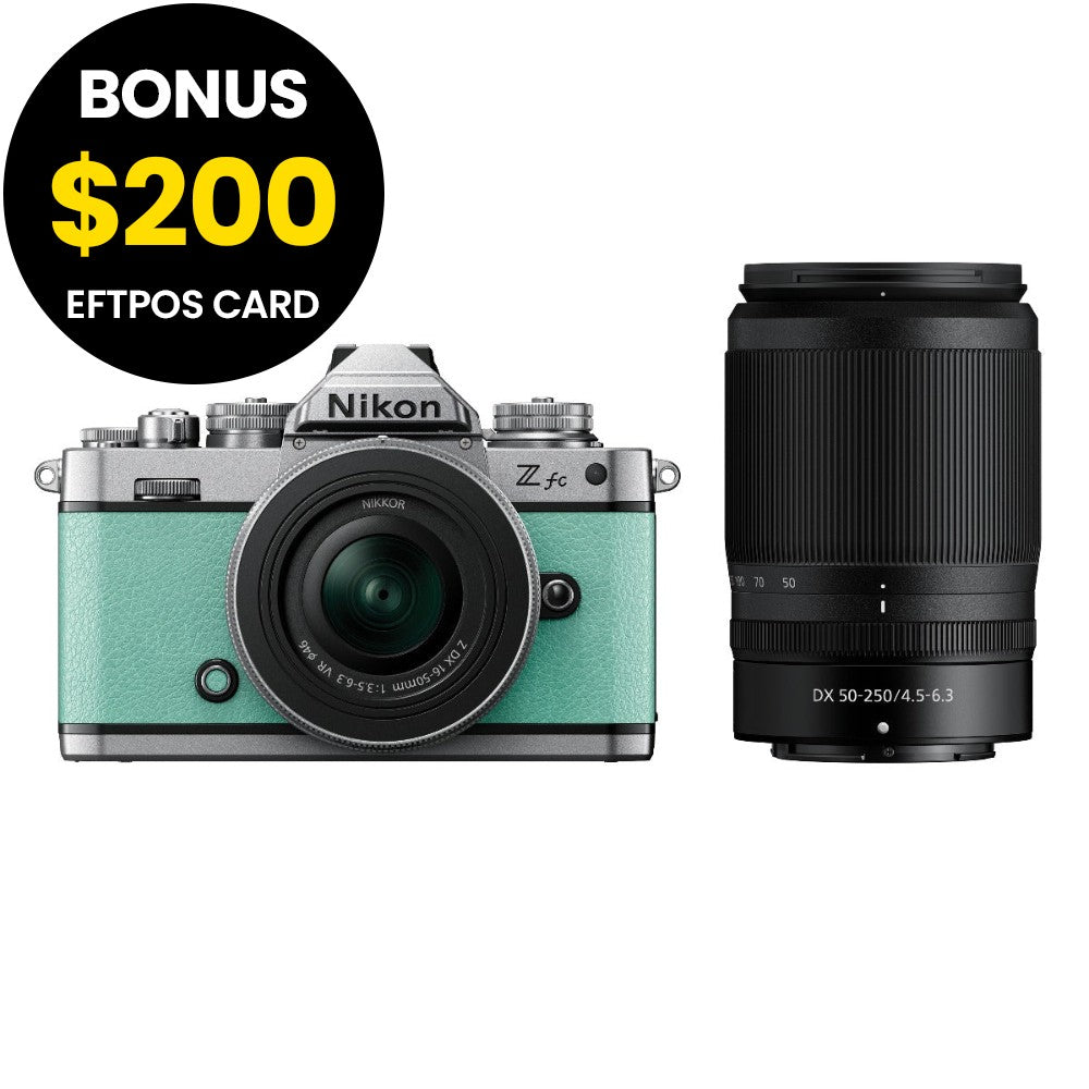 Nikon Z fc Body Mint Green with Nikkor Z 16-50mm VR and Z 50-250mm VR Lens