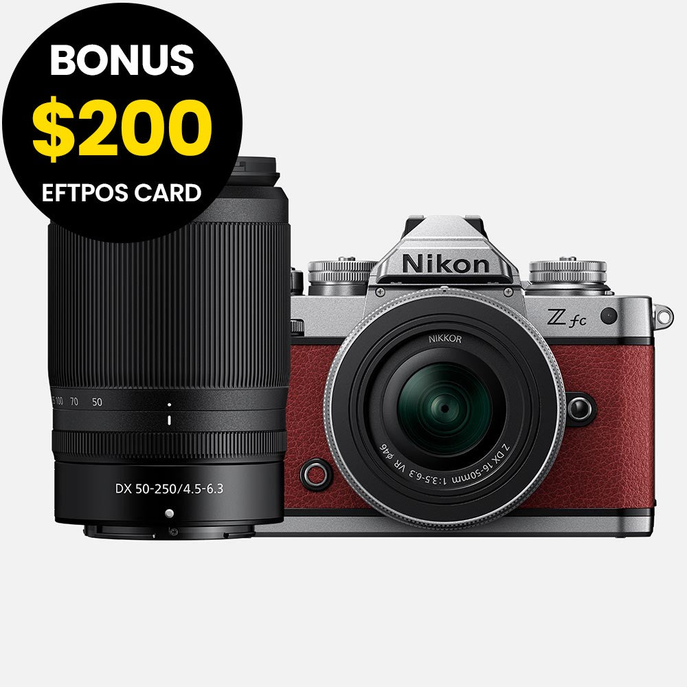 Nikon Z fc Crimson Red with Nikkor Z 16-50mm VR and Z 50-250mm VR Lens