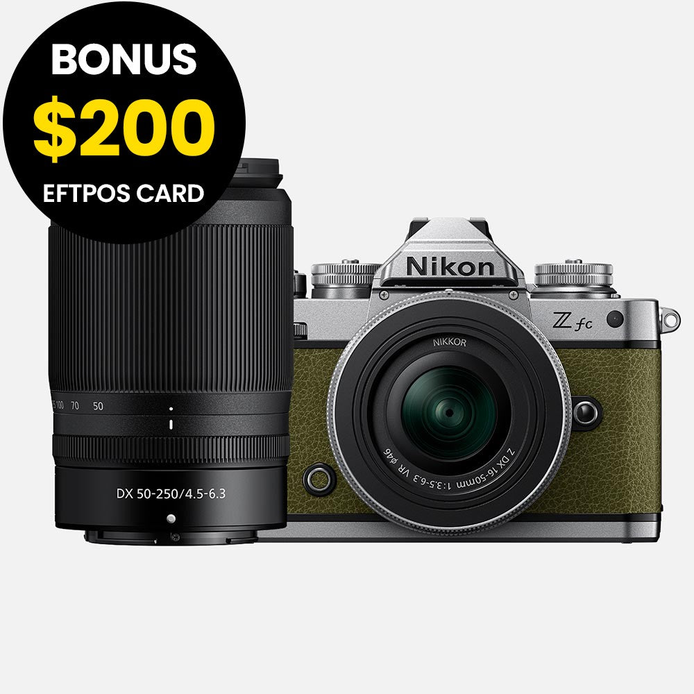 Nikon Z fc Olive Green with Nikkor Z 16-50mm VR and Z 50-250mm VR Lens