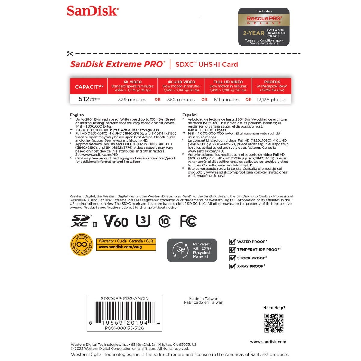 SanDisk Extreme Pro SDXC 1TB 280/100MB/s Memory Card