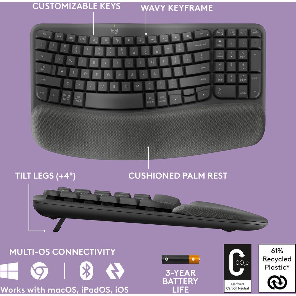 Logitech Wave Keys Wireless Ergonomic Keyboard (Graphite)