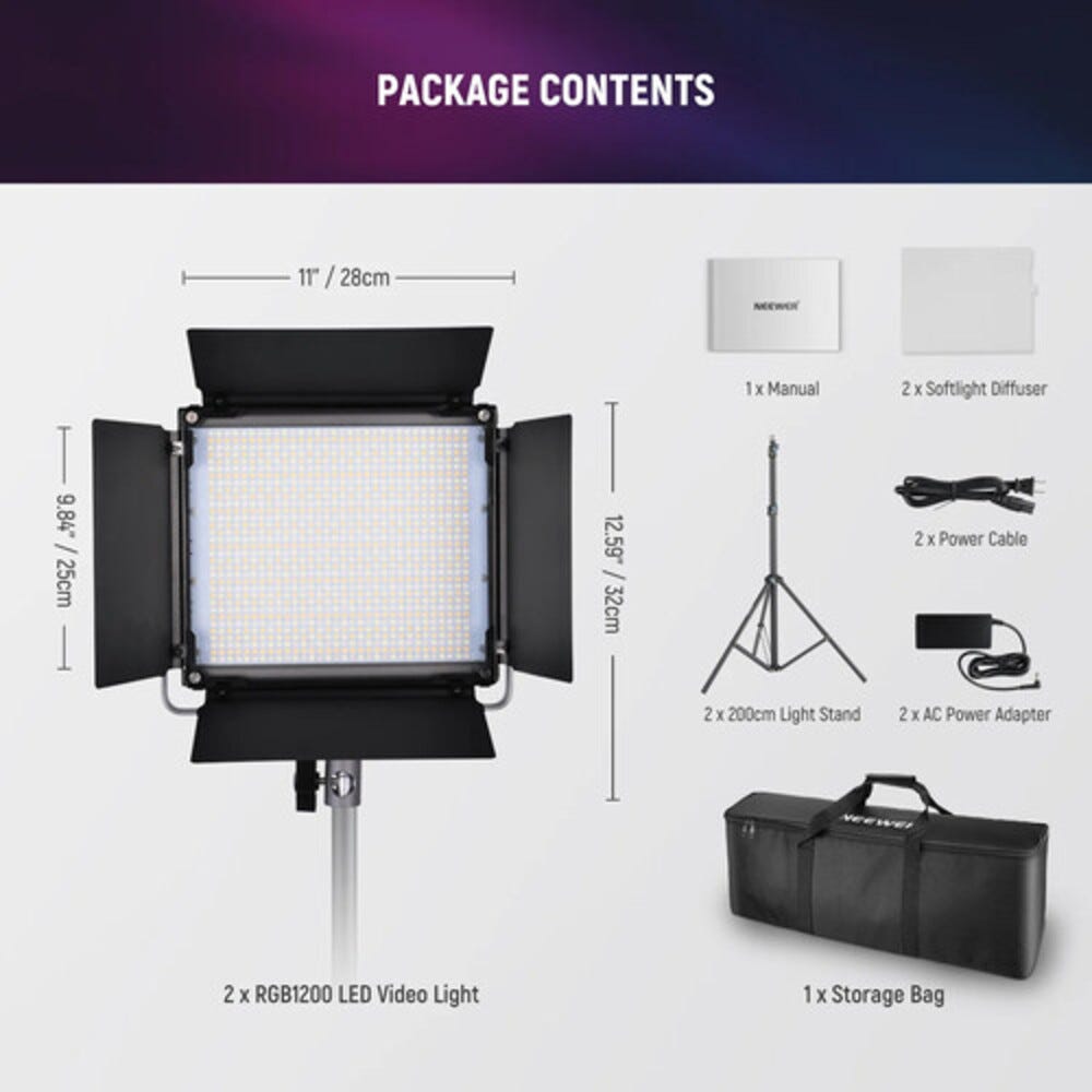 NEEWER RGB1200 LED Video Light with Light Stand - 2 Pack