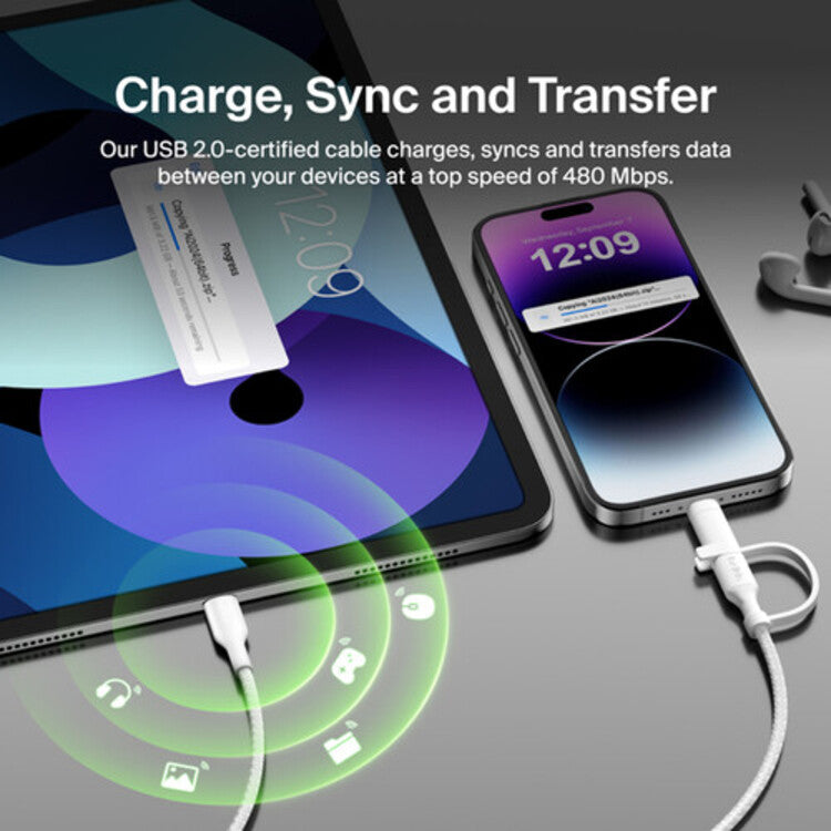 Belkin BoostCharge Pro 1.5m 2 in 1 Cable with USB-C and Lightning Connector (White) 
