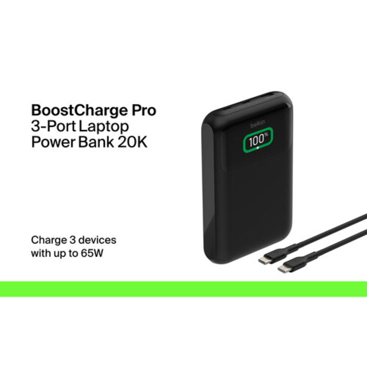 Belkin BoostCharge Pro 20K mAh 3 Port Laptop Power Bank (Black) 