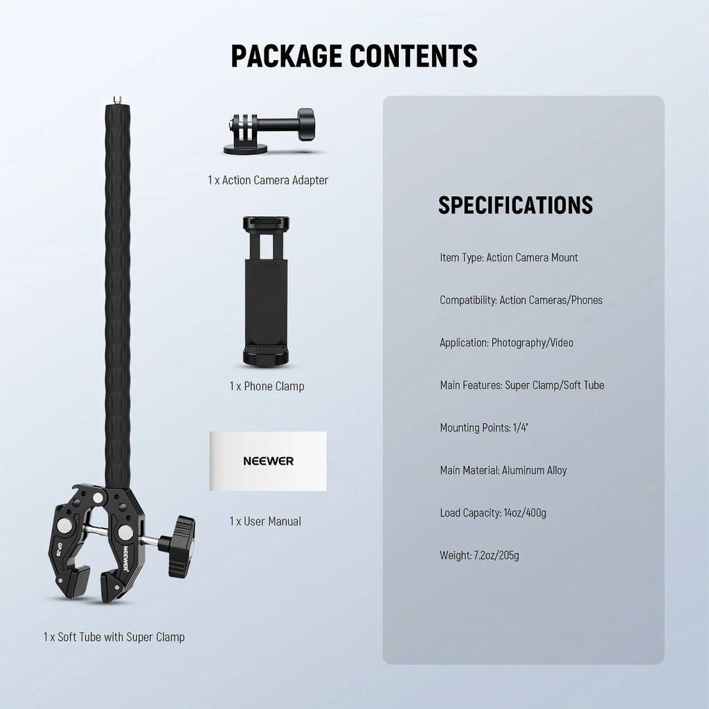 NEEWER GP-26 Flexible Action Camera Mount Kit with Super Clamp