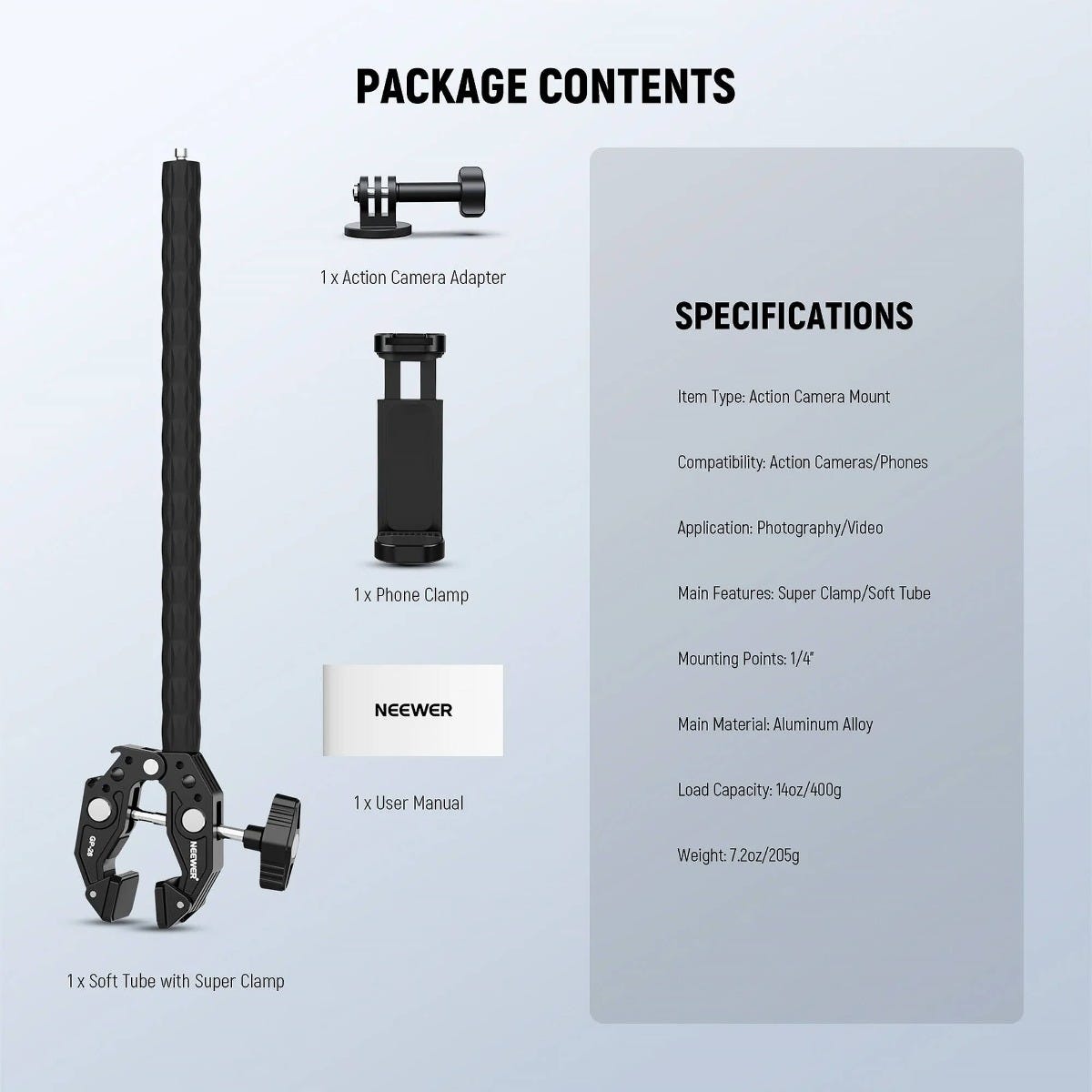NEEWER GP-26 Flexible Action Camera Mount Kit with Super Clamp
