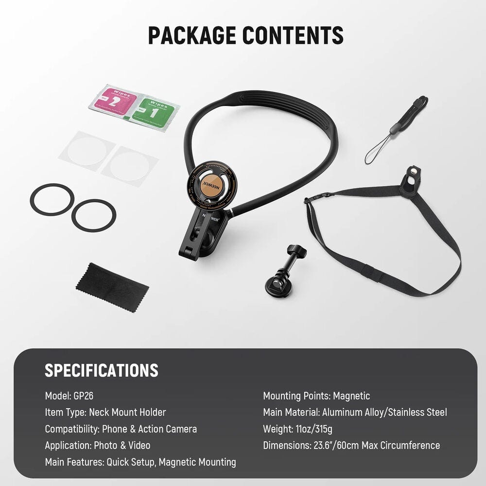 NEEWER GP26 Flexible Action Camera Magnetic Neck Mount with Harness - Black