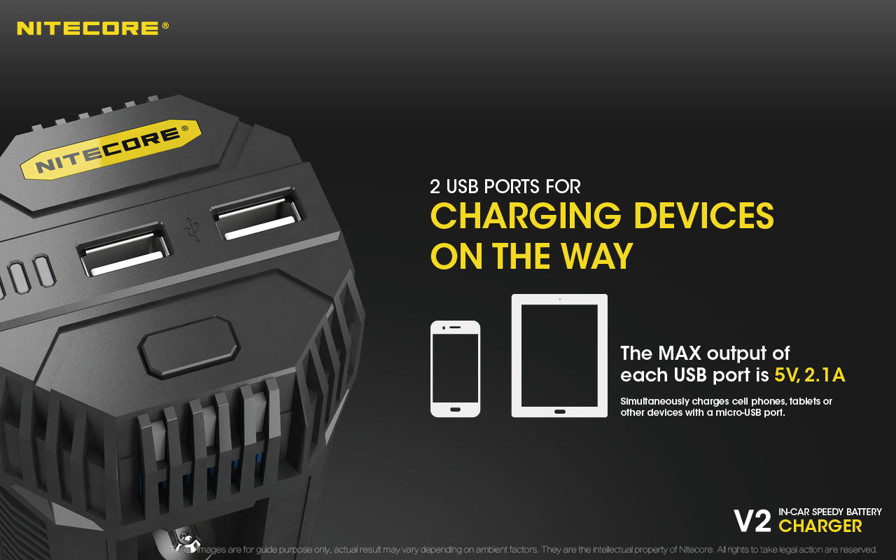 Nitecore In-Car Charger For 2X Battery, 2X USB Output