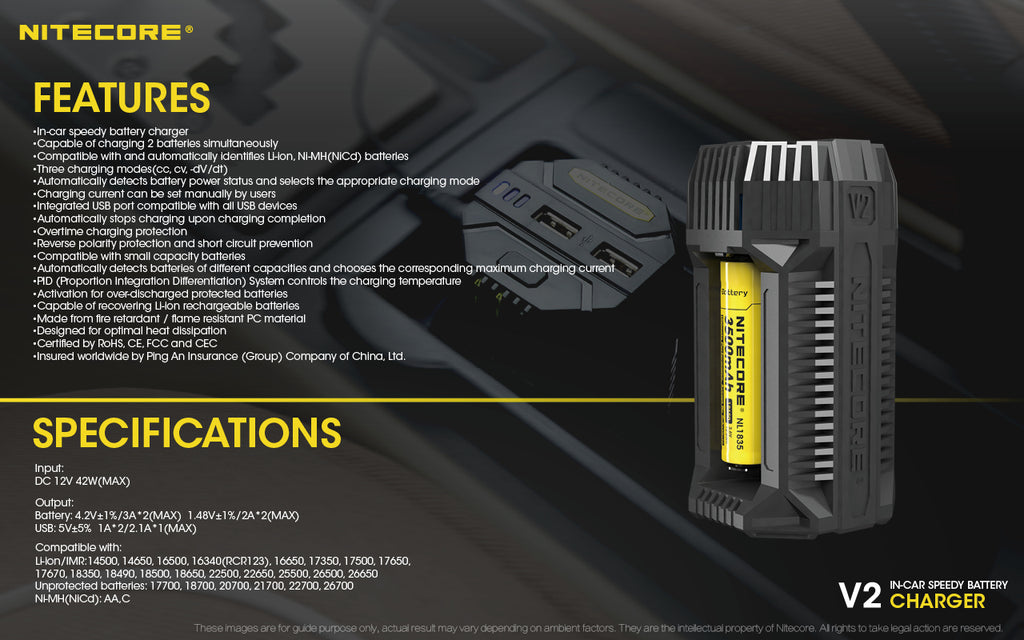 Nitecore In-Car Charger For 2X Battery, 2X USB Output