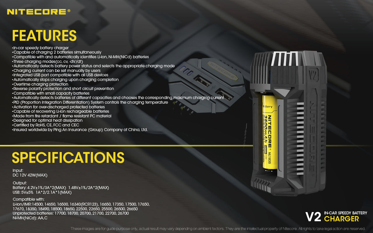 Nitecore In-Car Charger For 2X Battery, 2X USB Output