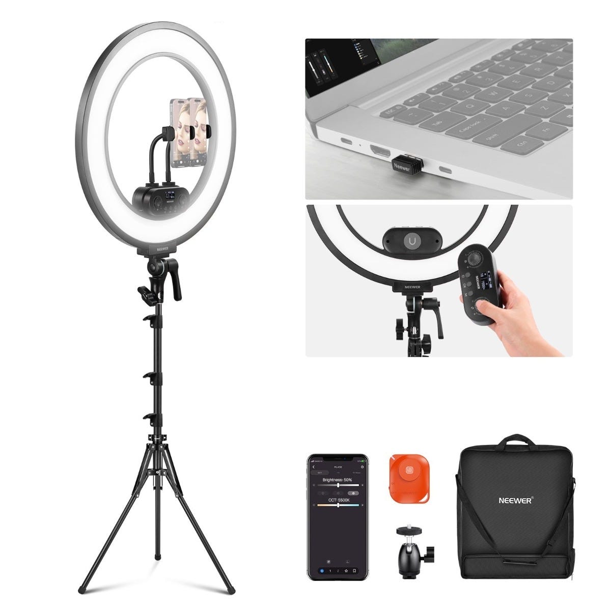 NEEWER RL45B Edge Lit Soft Ring Light with Phone Holder and Light Stand