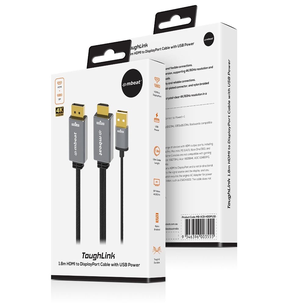 Mbeat Tough Link 1.8m HDMI to DisplayPort Cable with USB Power