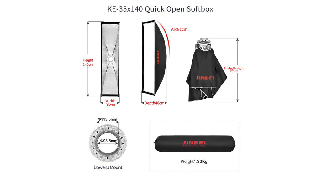 Jinbei Quick Fold 35x140cm Softbox and Grid for Bowens S Type