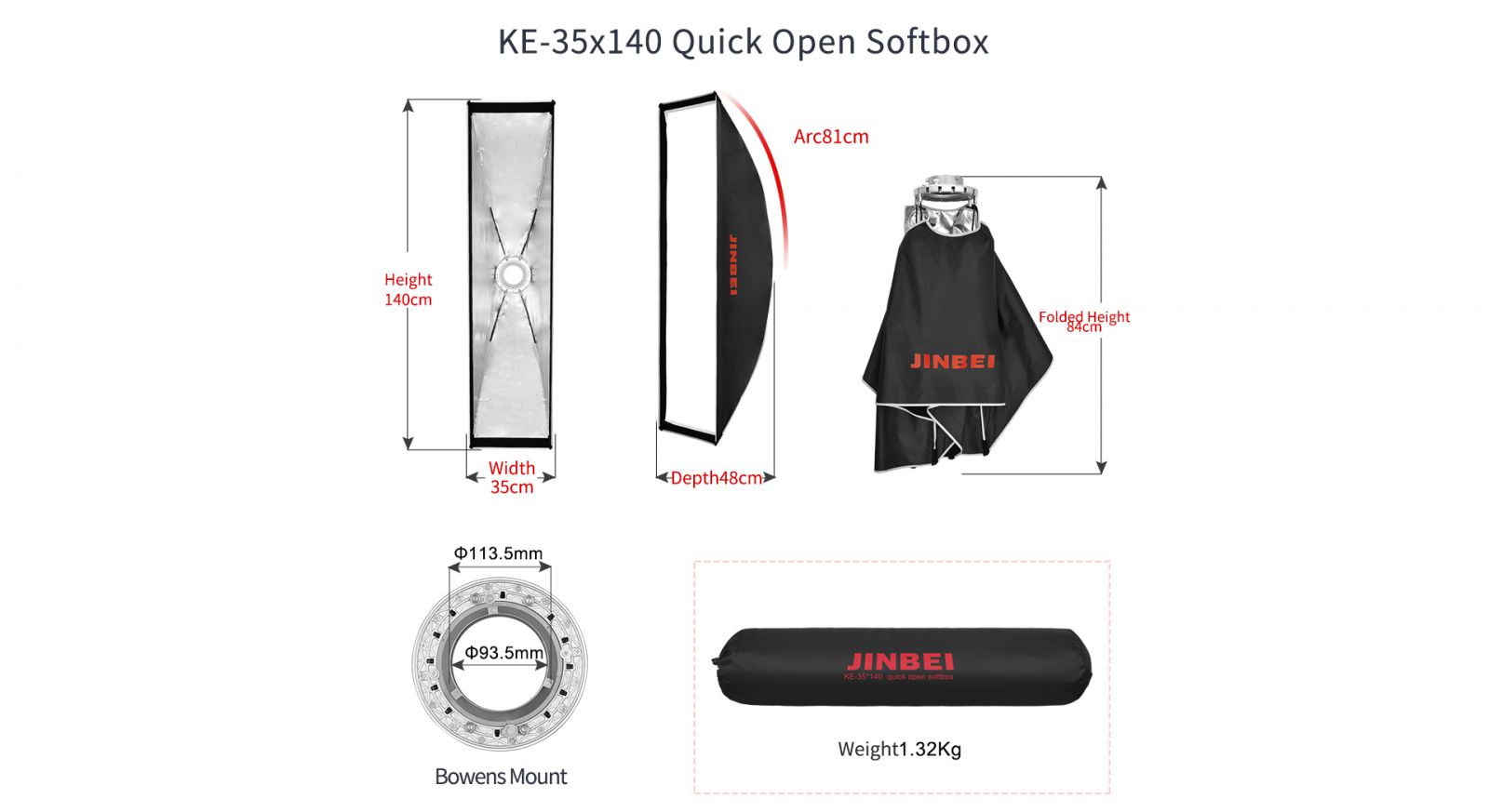 Jinbei Quick Fold 35x140cm Softbox and Grid for Bowens S Type
