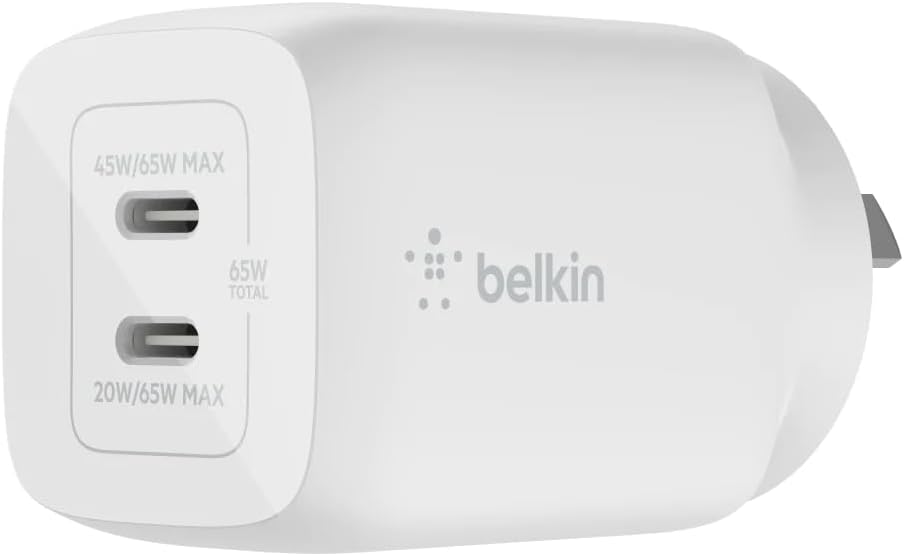 Belkin BoostCharge Pro 65W Dual USB-C GaN Wall Charger with PPS and PD (White)