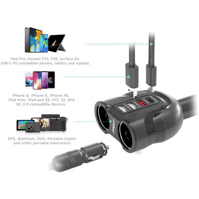 Mbeat Gorilla Power Four Port USB-C & QC 3.0 Car Charger with Cigar Lighter Splitter