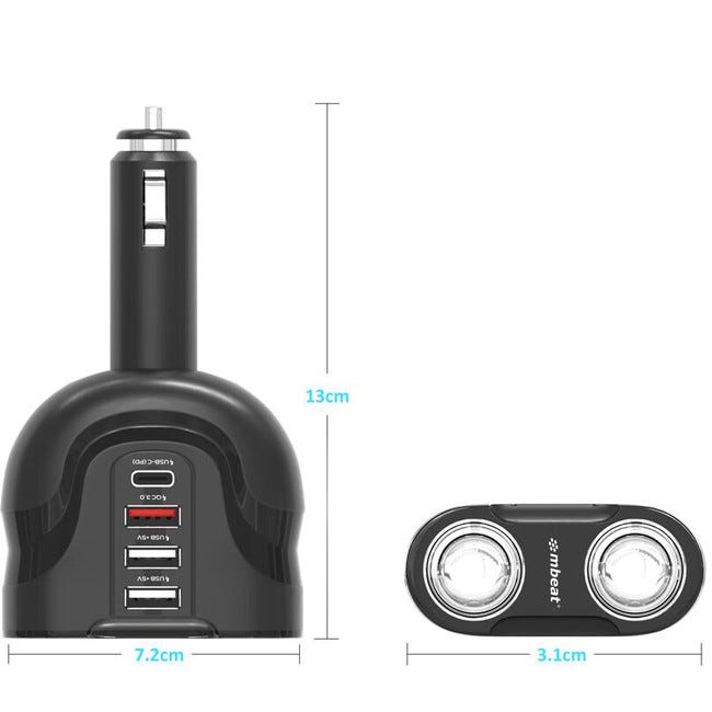 Mbeat Gorilla Power Four Port USB-C & QC 3.0 Car Charger with Cigar Lighter Splitter