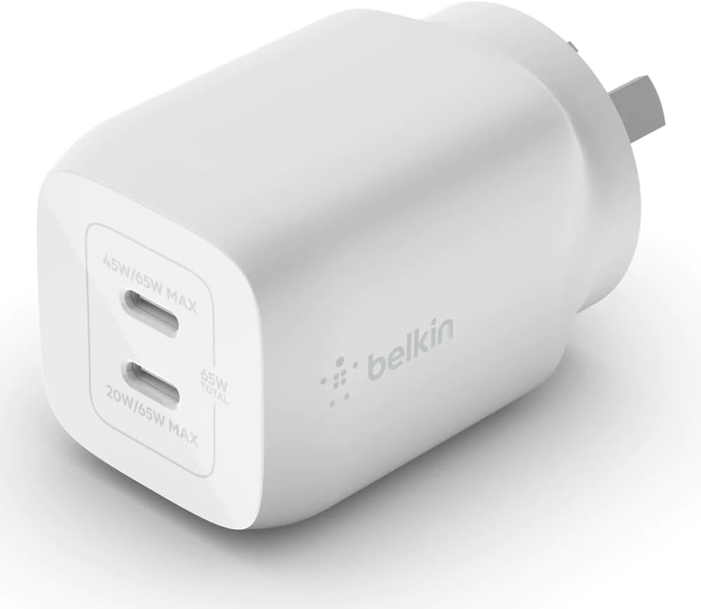 Belkin BoostCharge Pro 65W Dual USB-C GaN Wall Charger with PPS and PD (White)