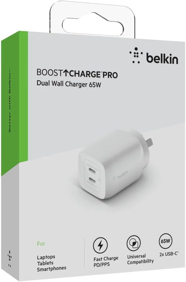 Belkin BoostCharge Pro 65W Dual USB-C GaN Wall Charger with PPS and PD (White)