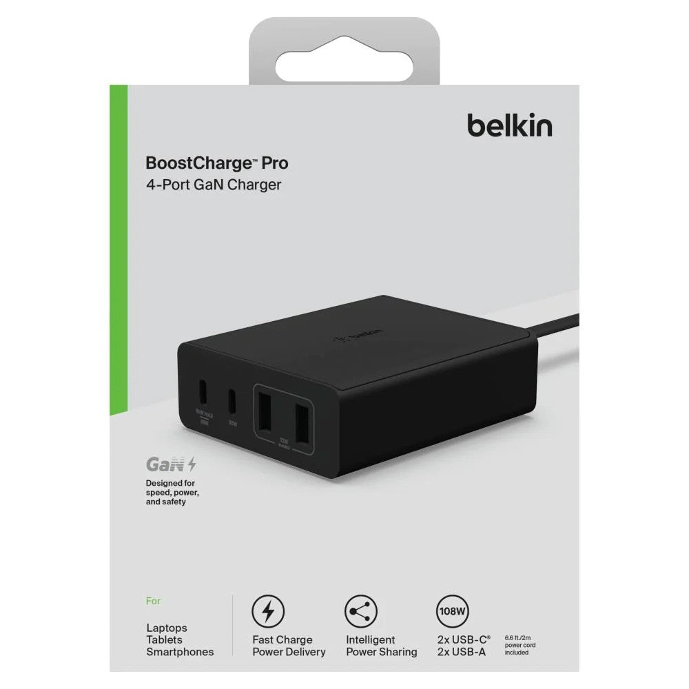 Belkin BoostCharge Pro 108W 4-Port GaN Charger with PD (Black)