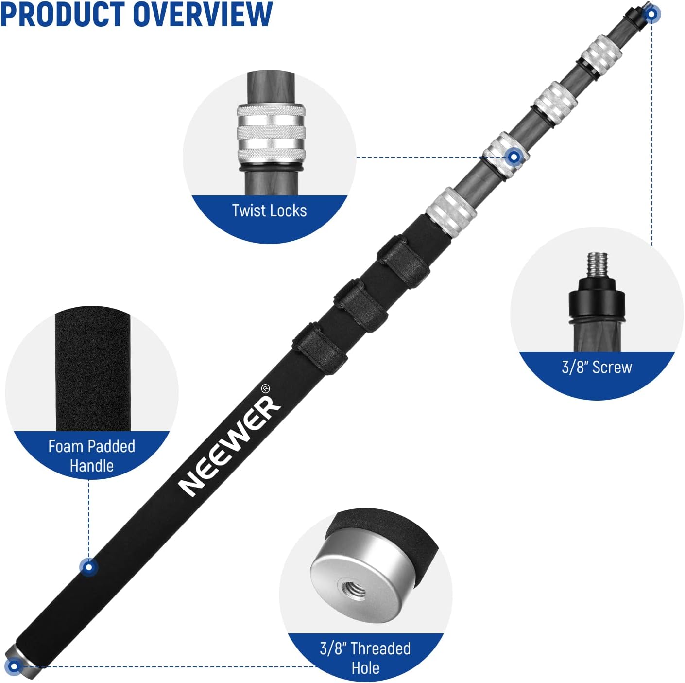 NEEWER MS-300C 75-300cm Carbon Fiber Microphone Boompole Holder