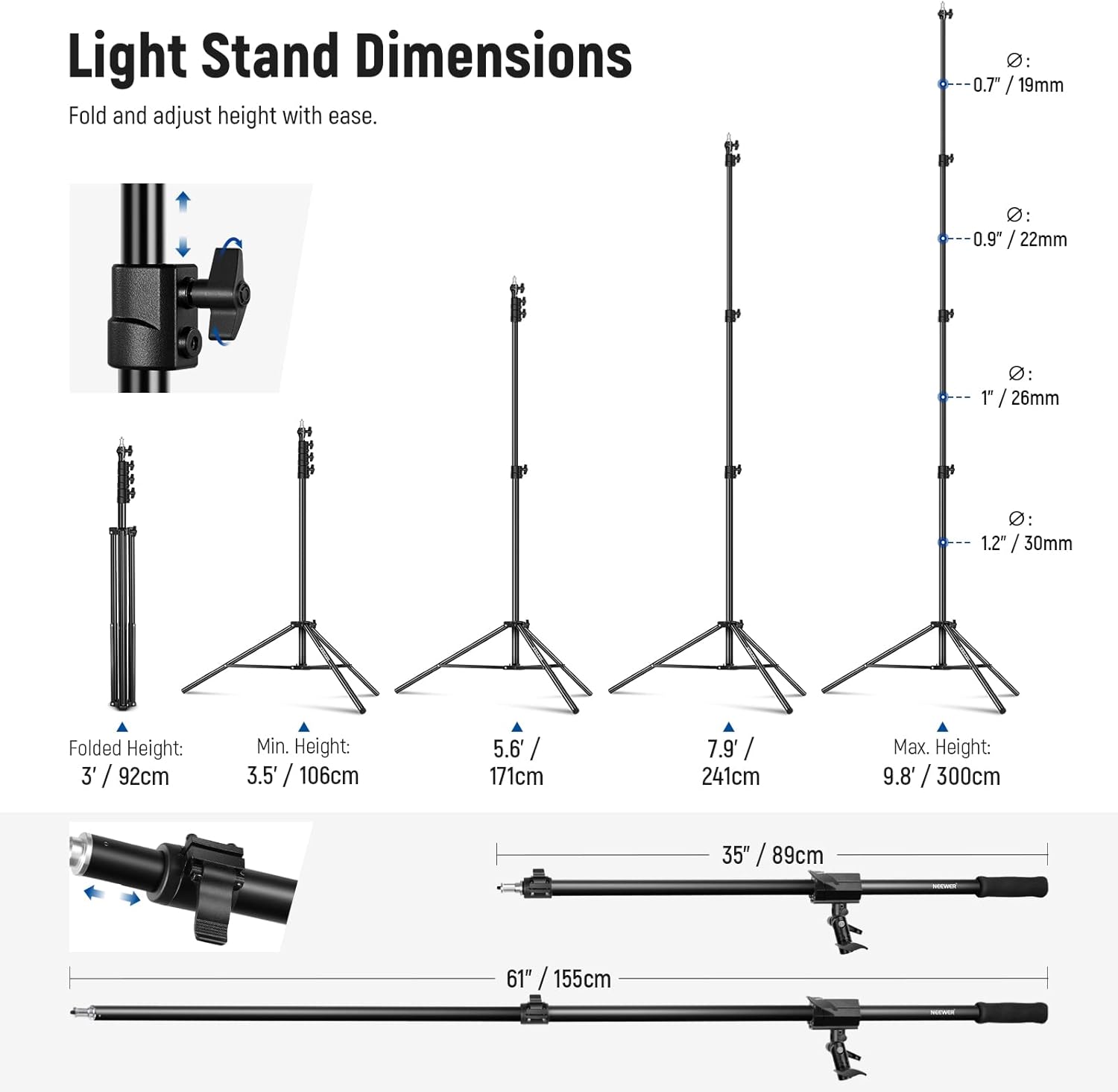 NEEWER 300cm Air Cushion Light Stand with 90-156cm Boom Kit