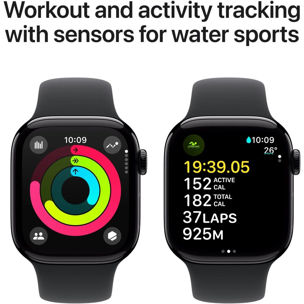 Apple Watch Series 10 42mm Jet Black Aluminium Case GPS + Cellular Sport Band (M/L) (Black)