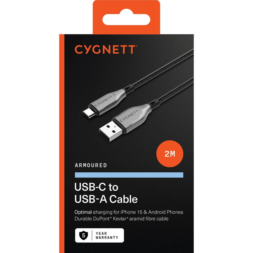 Cygnett Armoured 2m USB-C to USB-A Cable (Black)