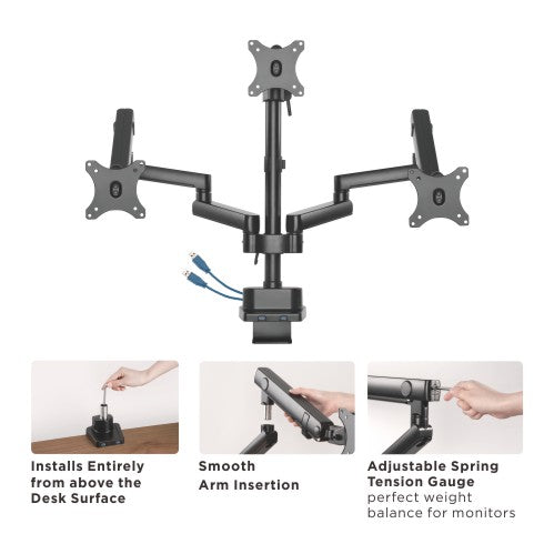 Brateck Triple Monitor Aluminum Slim Pole Held Mechanical Spring Arm 17"-27"