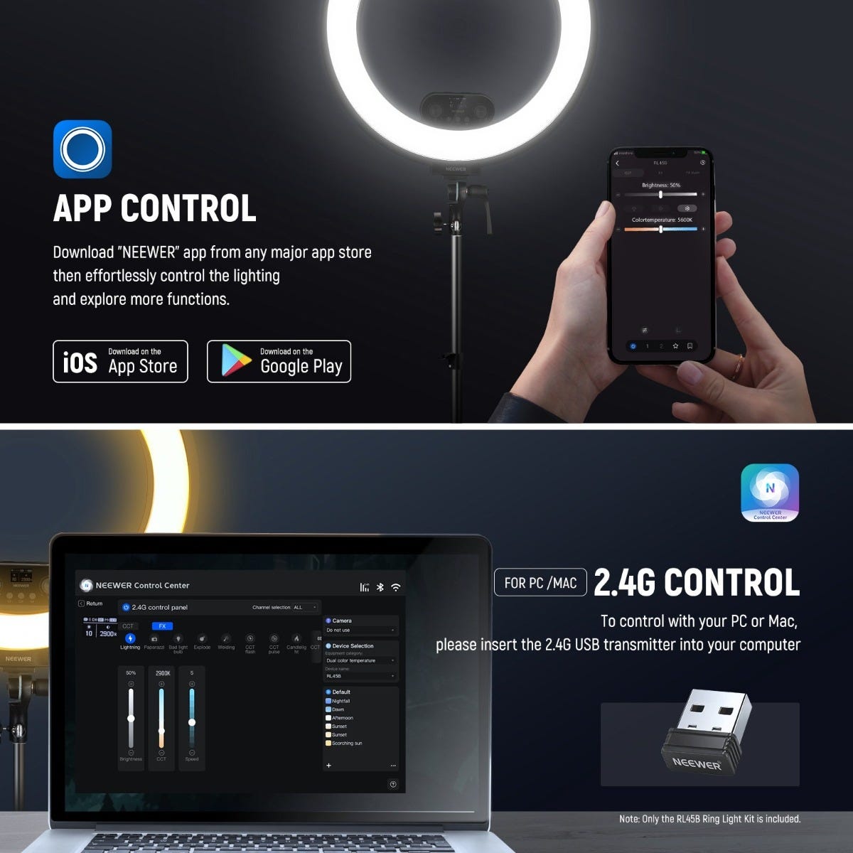 NEEWER RL45B Edge Lit Soft Ring Light with Phone Holder and Light Stand