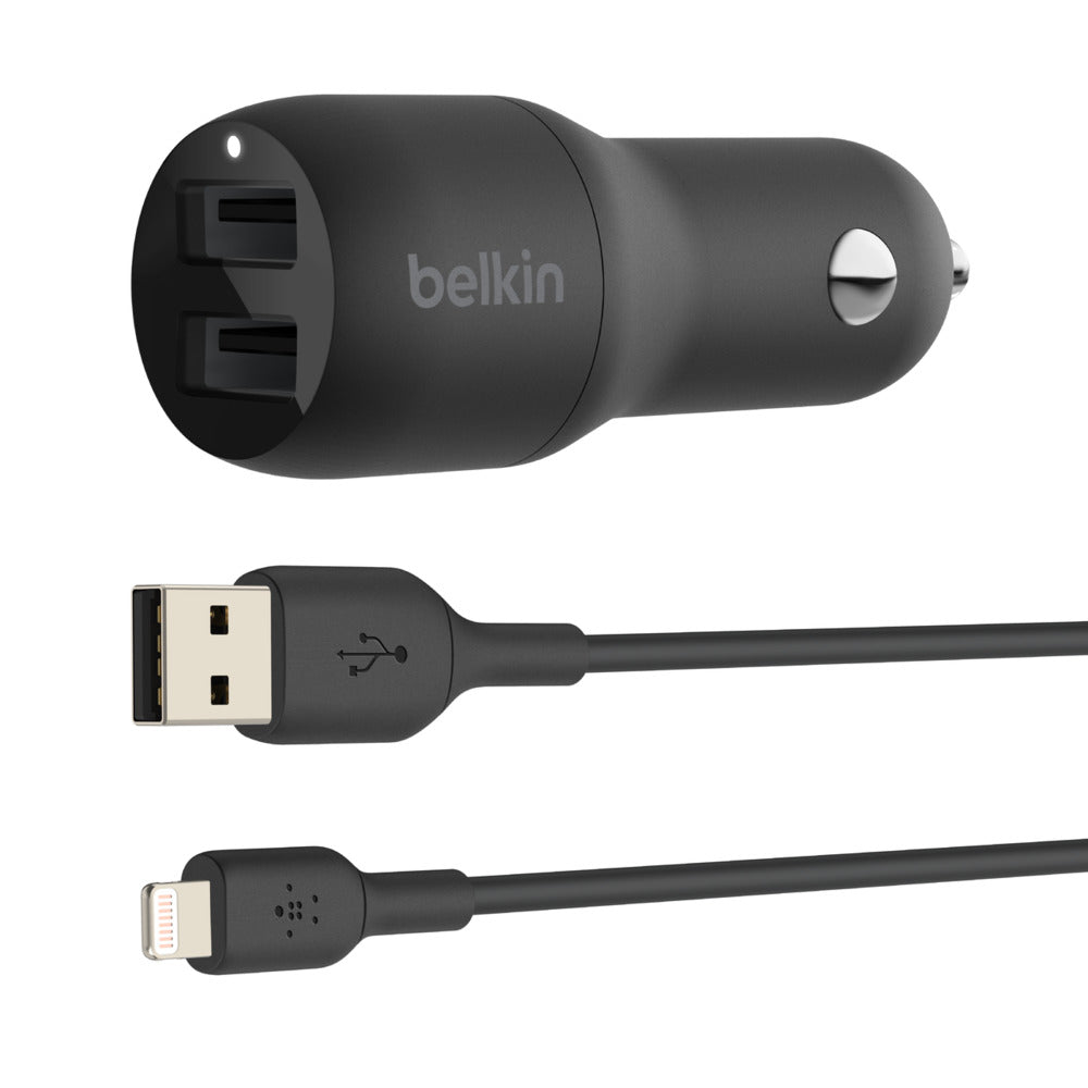 Belkin BoostCharge Dual 24W Car Charger, Lightning Cable, Black - CCD001BT1MBK