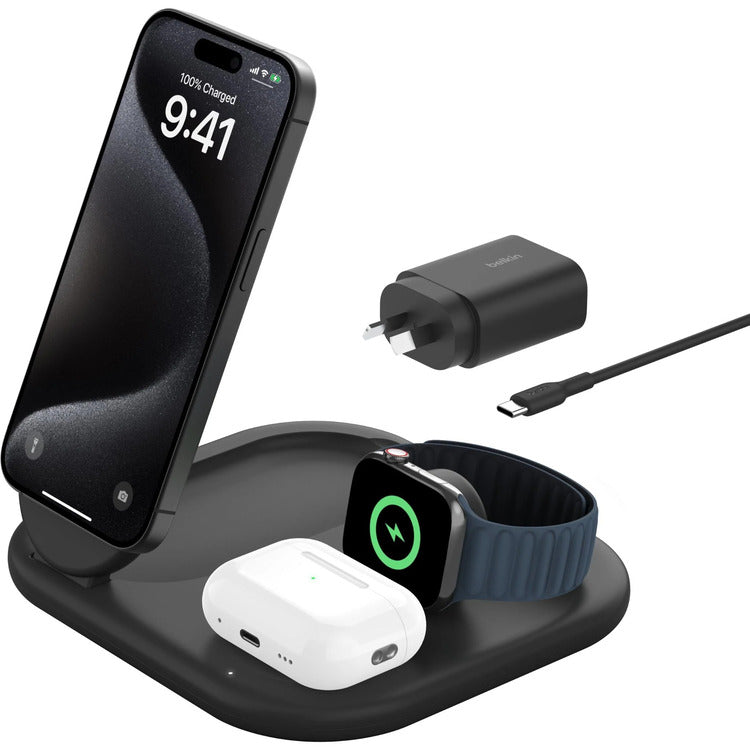 Belkin BoostCharge 3 in 1 Magnetic Foldable Wireless Charger with Qi2 (Black) 
