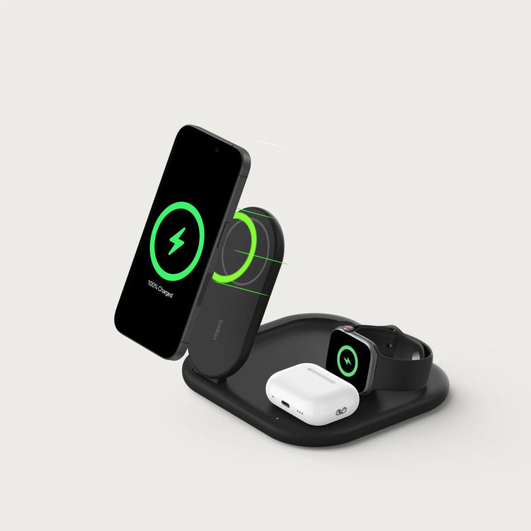 Belkin BoostCharge 3 in 1 Magnetic Foldable Wireless Charger with Qi2 (Black) 