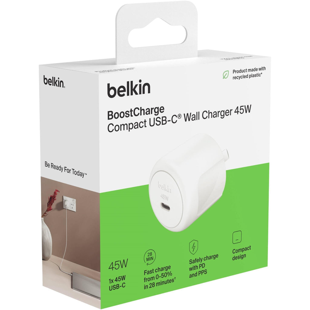 Belkin BoostCharge Compact 45W PD USB-C Wall Charger (White)