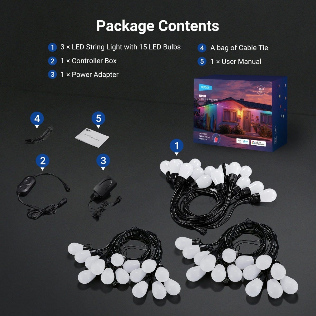 NEEWER 45m Smart RGB LED Outdoor String Lights