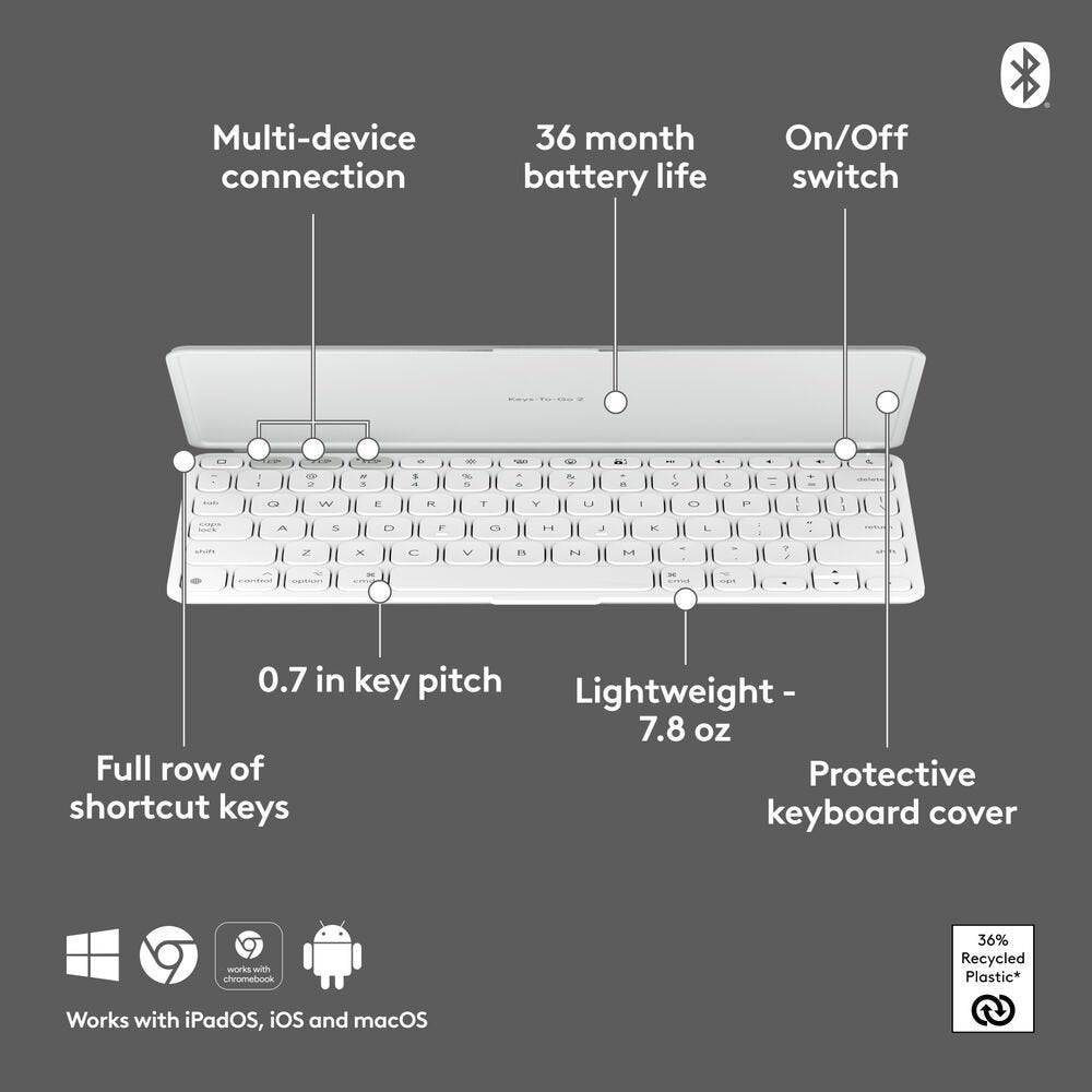 Logitech Keys-To-Go 2 Portable Wireless Keyboard Universal Layout (Pale Grey)