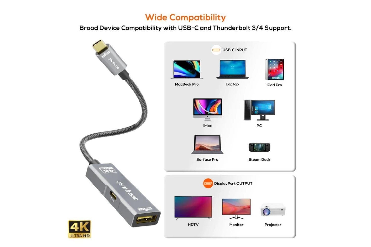 Mbeat Tough Link USB-C to DisplayPort Adapter with 100W PD (Space Grey)