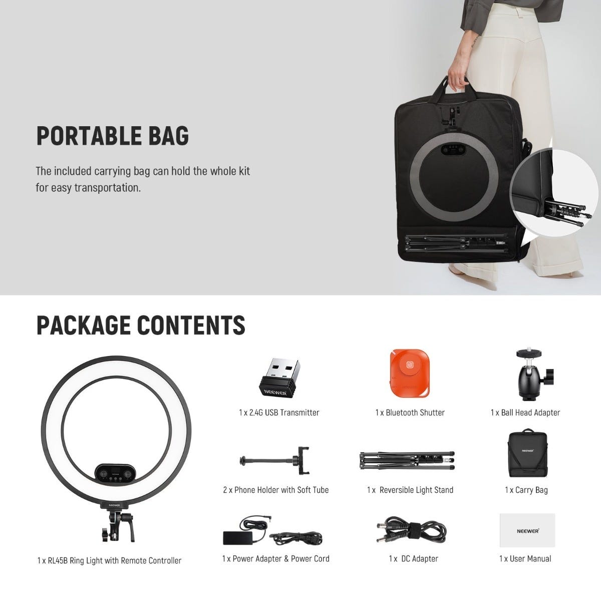 NEEWER RL45B Edge Lit Soft Ring Light with Phone Holder and Light Stand