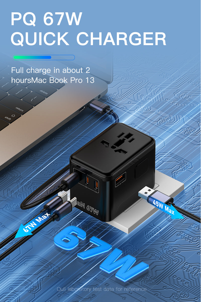 Universal Travel Adapter 67W GaN with 4-Port USB and Type-C Charging