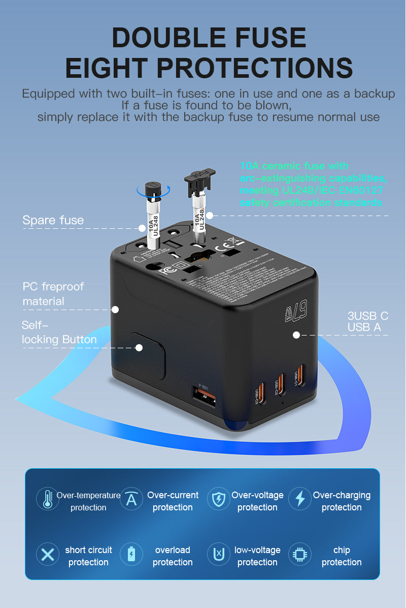 Universal Travel Adapter 67W GaN with 4-Port USB and Type-C Charging