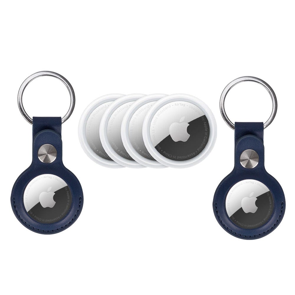 Apple AirTag 4 Pack with 2x PU Leather Key Ring (Navy)